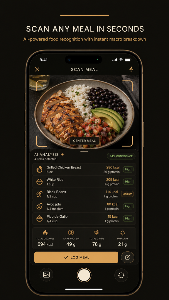 Food scan screen analysing a meal into per-item macros